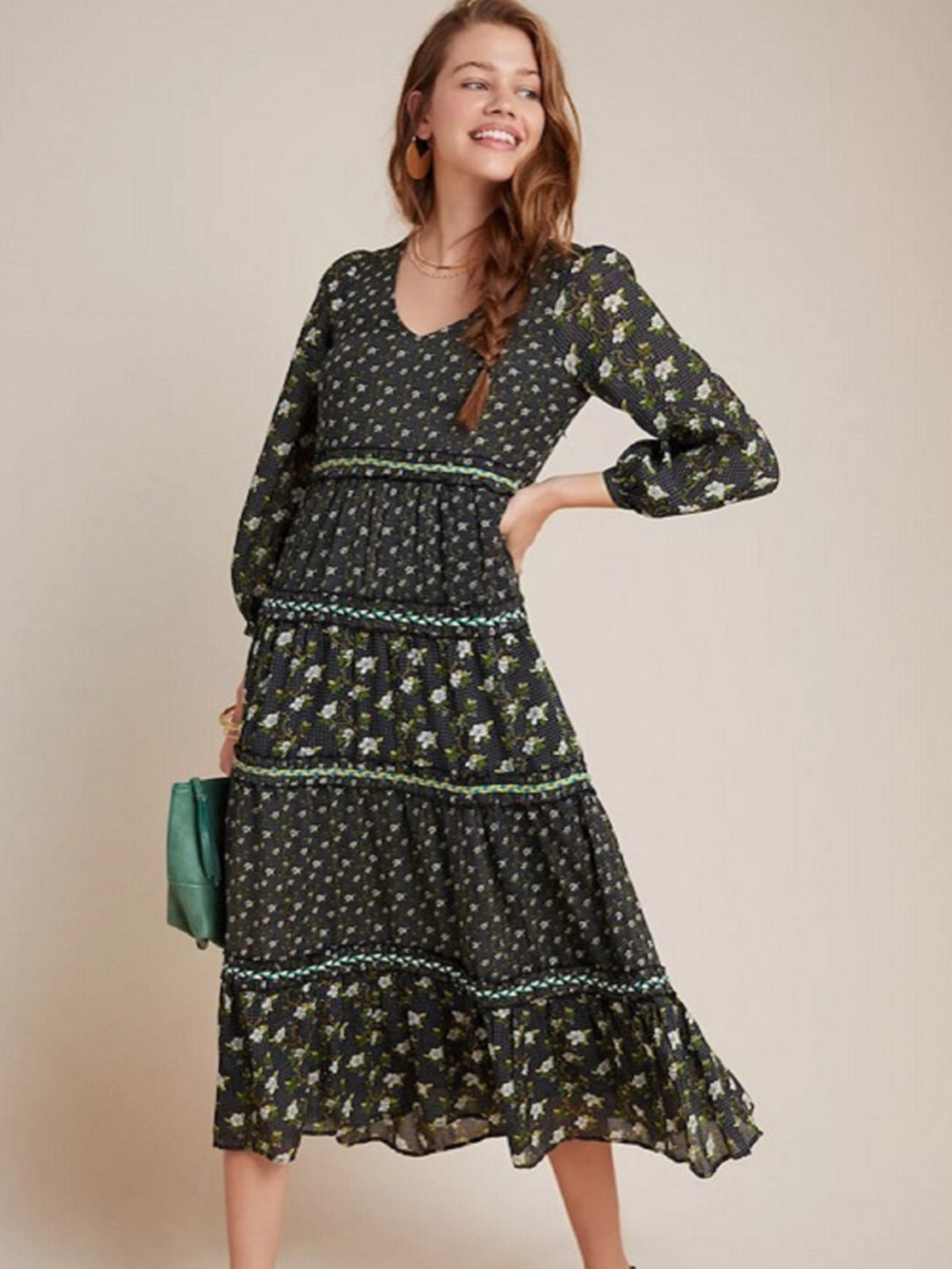 BY ANTHROPOLOGIE Karoline Floral Tiered Maxi Dress Long Sleeve 8